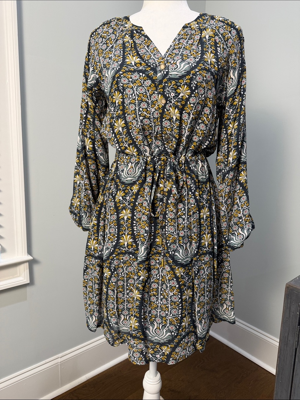 Spartina 449 Long-Sleeve Dress in Navy Blue, Green and Mustard. Size Small.